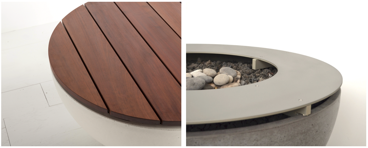 Solus Decor Ipe hardwood tabletop and metal drinks ring fitted to a concrete gas fire pit