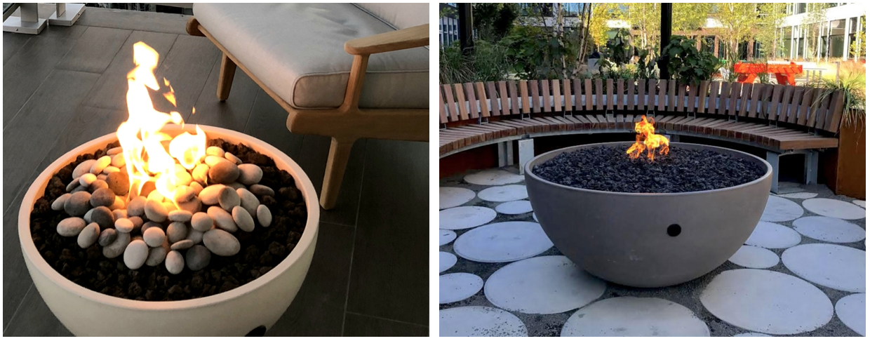Solus Decor Hemi 26 inch and Hemi 48 inch concrete firebowls shown side by side for size comparison