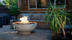 Solus Luna 42 concrete fire bowl in Halva on a patio